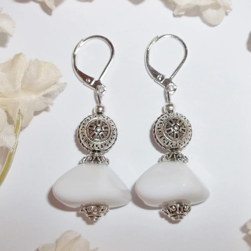 White and Silver Beaded Dangle Earring Set Drop Lever Back Casual Handmade 4004